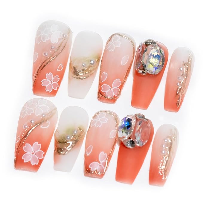 Sun&Beam Nails Handmade Long Coffin Ballerina Pink Flower False Nail Tips with Cute 3D Pearl Diamond Popular Charm Design Press On Nails 10 Pcs (#62 S) (FN-HM-062-S.AU)
