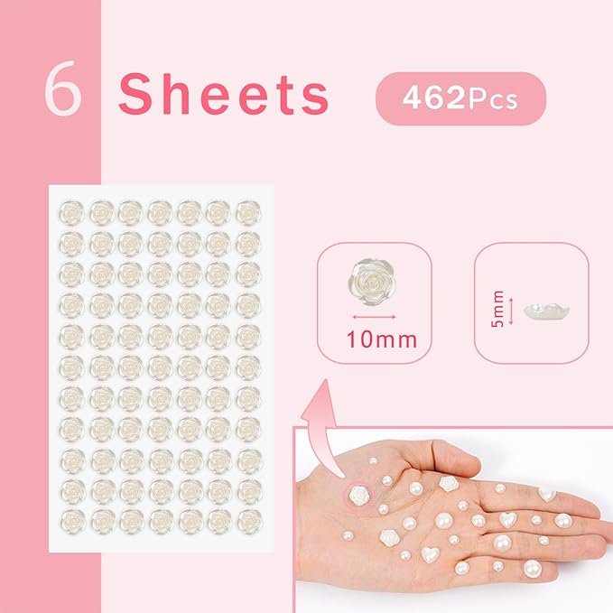 462PCS Pearl Stickers Pearls for Crafting - Self Adhesive Pearls for Hair Face Makeup Eye Nail Crafts, Stick On Gems (6 Sheets, 10mm Rose-Shaped)