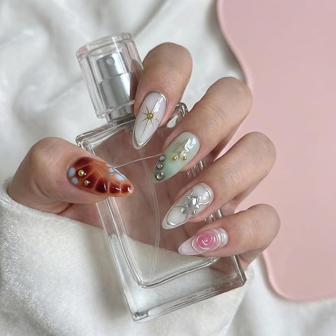 10 Medium Almond Handmade Press On Nails | Y2K Aesthetic Colorful Abstract Fake Nails with Marble, Star & Gold Studs |Reusable Salon Quality(5U01, M)