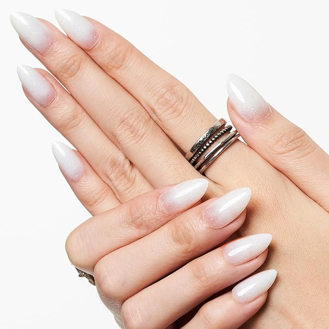 GLAMERMAID Nude White Glitter Press On Nails Short Almond, Translucence Milk White Handmade Soft Jelly Gel Fake Nails, Round Oval Stick Glue on Nails Kit for Women, Reusable Acrylic False Nail Set
