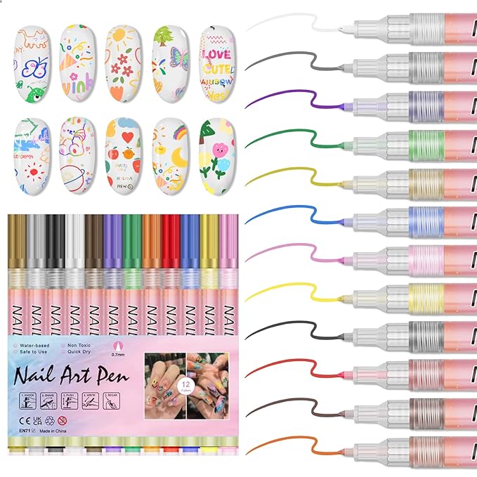 Nail Art Pens Set 3D Nail Polish Pens Acrylic Paint Nail Drawing Liner Graffiti Dotting Nail Art Pen Kit Tools for Professional Nail Art Design(12 Colors)