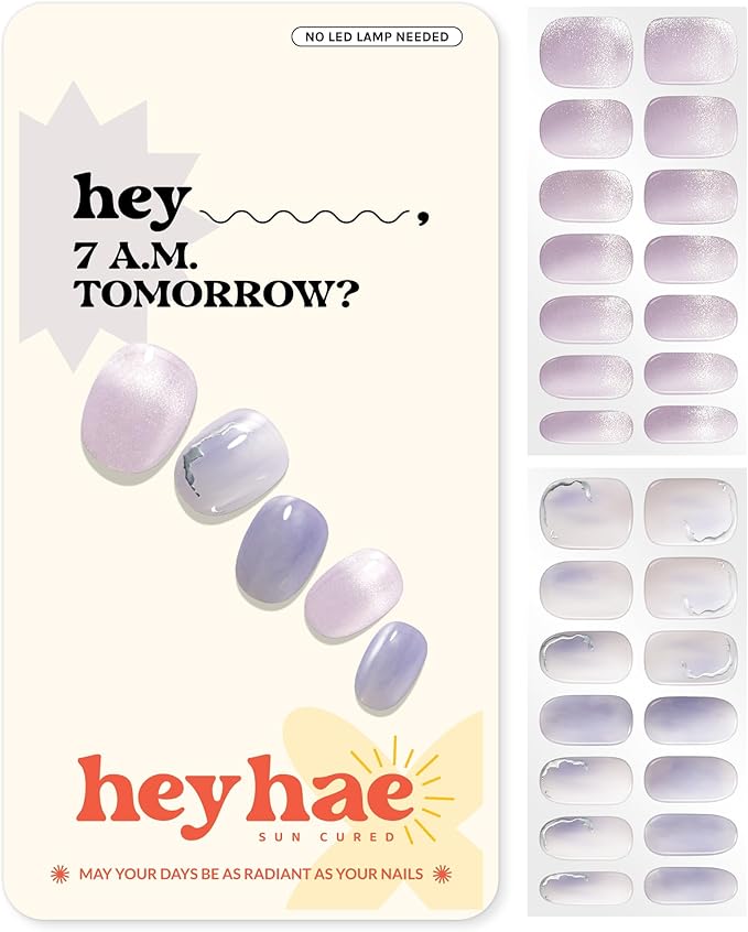 Heyhae Semi Cured Gel Nail Strips | No LED Lamp Needed | Glitter, Purple, Spring | Easy Apply & Remove, Salon Quality |Includes 28 Strips, 1 Prep Pads, Nail File & Wooden stick - Hey, 7 A.M. Tomorrow?
