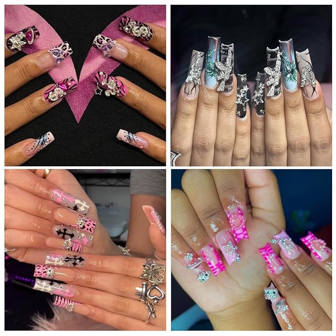 60Pcs Nail Charms Rhinestones Gems Kitty Heart Star Gun Planet Cross Jewelry for Acrylic Nails Accessories Women Nail Decorations Manicure Craft DIY Nail Art Supplies