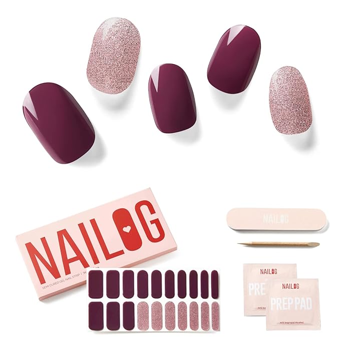 NAILOG Semi Cured Gel Nail Strips, 20Pcs Dark Purple Glitter Pink Lasting Gel Nail Stickers, Salon Quality Easy Apply & Remove Works with Any UV/LED Nail Lamps, Long Night