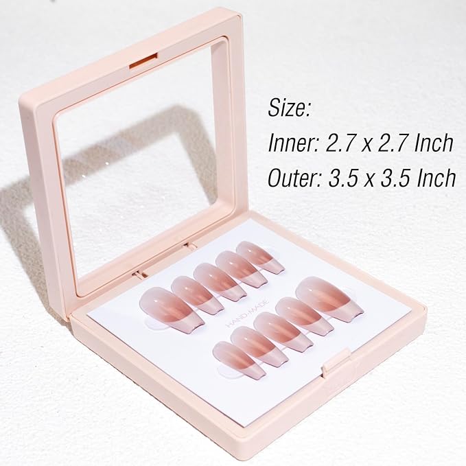 LIGHT RAIN Press on Nail Packaging for Salon - 3.5 x 3.5 X 0.8 Inch 3D Floating Frame, Storage Box Case 24 pcs, Display Card 24 pcs, Pre-cut Double Sided Strong Tape 48 pcs, OPP bag 24 pcs, Pink Color