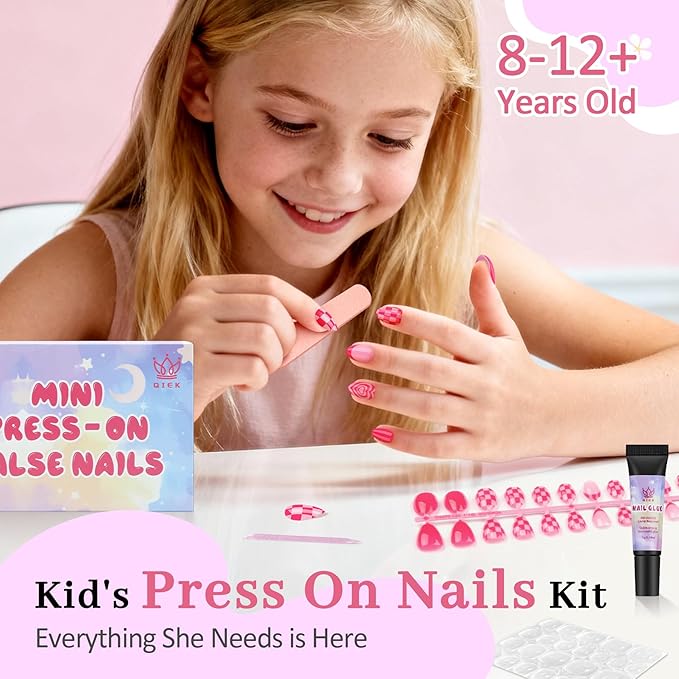 16 Sizes Press on Nails Kit for Kids - 32 Pieces French Almond Fake Nail Tips for Girls 8-12 Years Old with Jelly Nail Adhesives & No-Lamp Nail Glue, Birthday Easter Gifts (Rose Pink Grid)