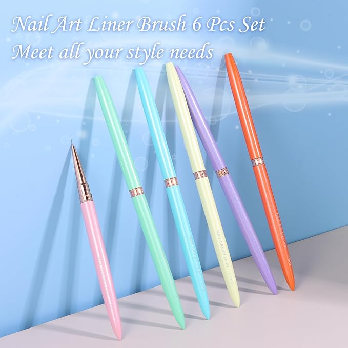 6Pcs Colorful Nail Art Liner Brushes Set, Detail Painting Design Fine Lines Drawing With Cap Metal Handle Home DIY Salon Manicure Tool Women Gifts, 5/7/9/11/15/18mm
