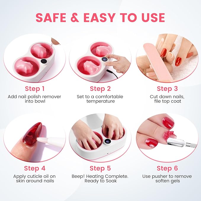 Dual Nail Soaking Bowl Electric: 31-50°C Temp Control Nail Soak off Bowl for Gel Polish Dip Acrylic Nails Remove- Heated Manicure Nail Remover Bowl Acetone Proof for Beginner Salon Home