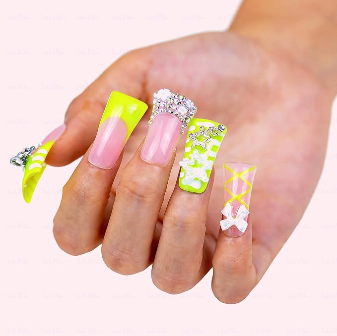 10 Pieces Luxury Acrylic Press On Nails Long Handmade Duck Nails, Green Thickened False French Nails, With 3D Bowknot And Stars, Reusable Fake Nails, Acrylic Nails (M)