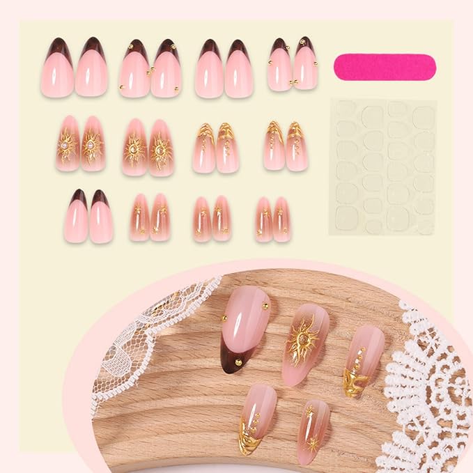 Almond Press on Nails Medium Fake Nails Gold Artificial Nail Brown French Gold Charm Stick on Nail for Women 24pcs