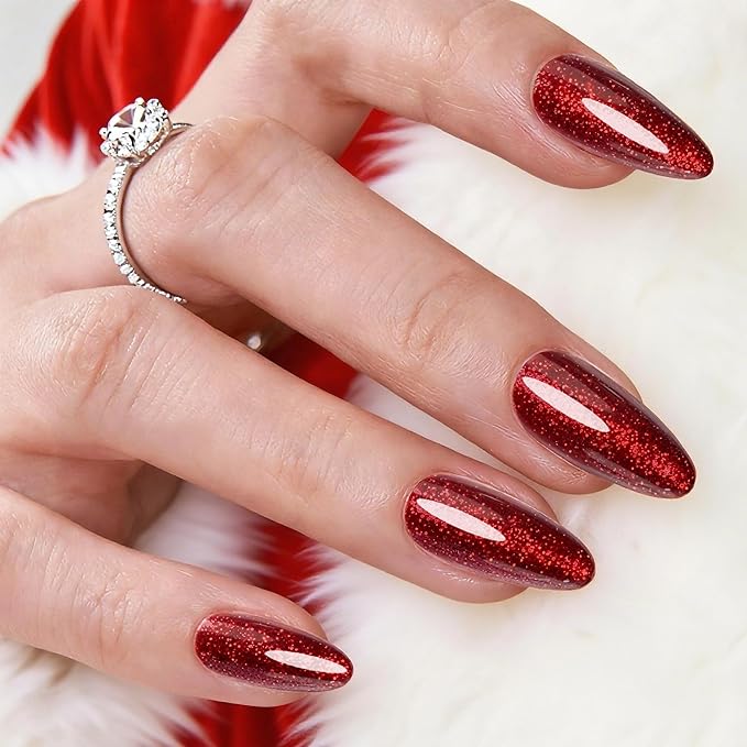 Red Press on Nails,Handmade Series Medium Almond nails Glitter False Nail Shape Galaxy False Nail Set Stick Gel Nail Kit Reusable Full Set of 24pcs