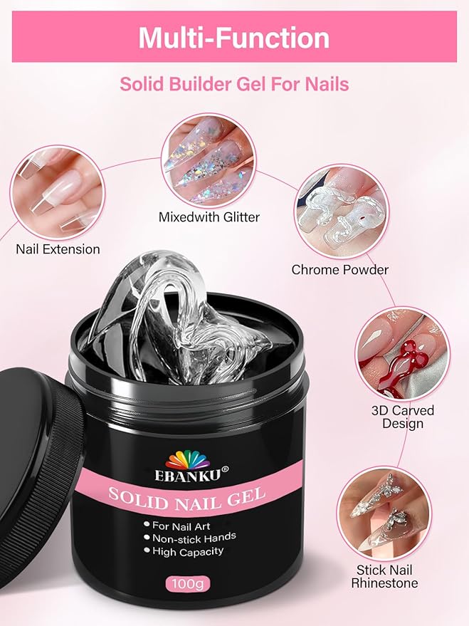 100g/3.5oz Solid Nail Glue Gel for Press On Nails, EBANKU Nail Glue Soft Gel for Fake Nail Tips, UV Light Cure Nail Art DIY Salon Home Beginner