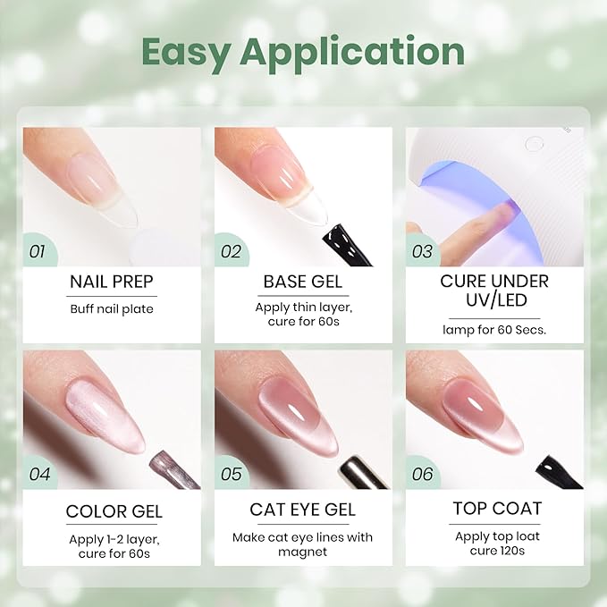 Beetles Minty Gleam Green Cat Eye Gel Nail Polish - 15ML Glass Green Glitter Cat Eye Spring Gel Polish Magnetic Shimmer Effect Soak Off UV Nail Art Design Salon DIY Manicure Gift for Women