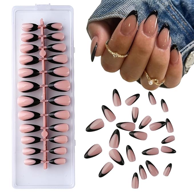 Lamemoria 240pcs Pre-Design Basic Black UV Gel French Nail Tips, Medium Long French Tip Press On Nails Almond, Nude Pink Base Salon Fake Nails Set Kit With Glue/Tabs