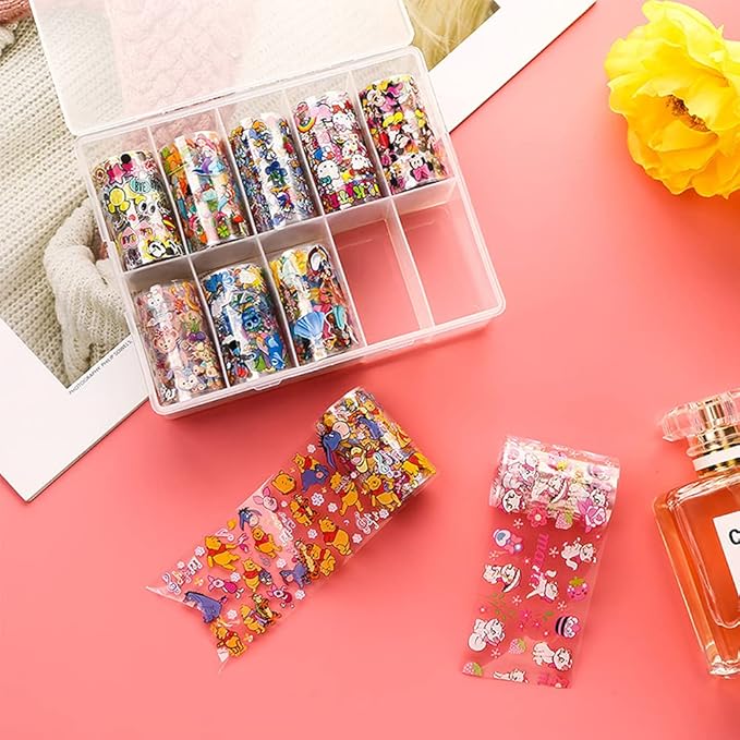 10 Rolls Cute Cartoon Nail Foil Transfer Stickers Nail Art Supplies Designer Nail Stickers Holographic Nail Art Foil Decals Cartoon Nails Designs for Women Acrylic Nails Decoration