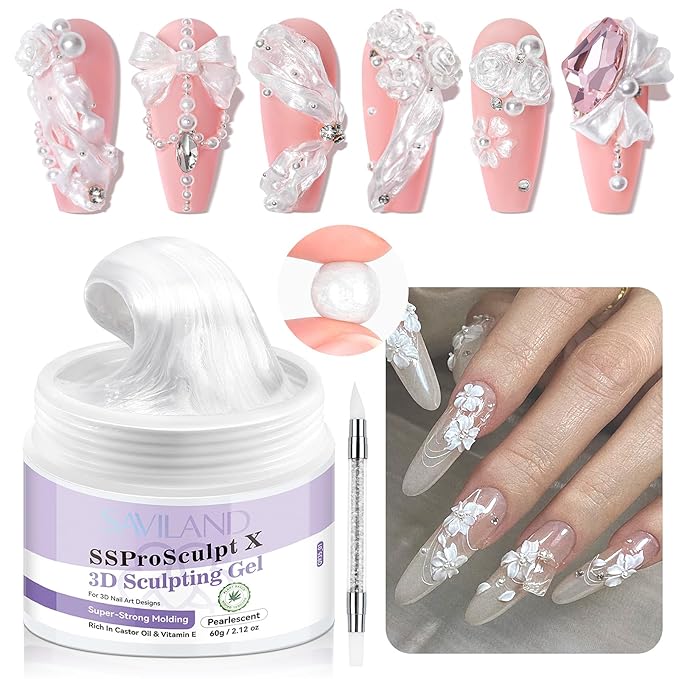 SAVILAND Pearl Solid 3D Nail Gel for Wedding Nails: Ultra Strong Molding Sculpting Nail Gel 2.12 oz Pearlescent Molding Gel No Stciky Nail Gel Nail Carving Professional Use Salon