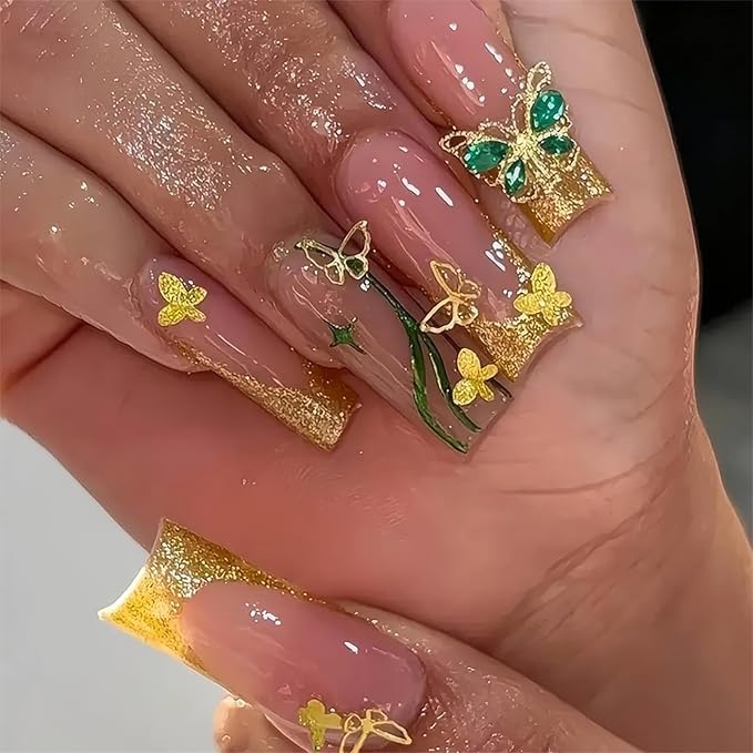 RTKHFZE Long Press on Nails Square Fake Nails Gold Glitter French Tip Acrylic False Nails with Designs Nails Tip Gold Butterfly and Rhinestones Full Cover Glue on Nails for Women Nail Decorations
