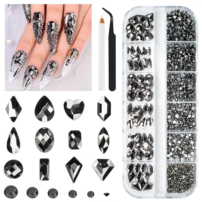 Mine Black Nail Rhinestones Multi Shapes Metallic Black Rhinestones for Nails Flatback Nail Gems K9 Glass Round Beads Stones Diamonds Nail Charms Art for Nails Faces Eyes Makeup Crafts DIY
