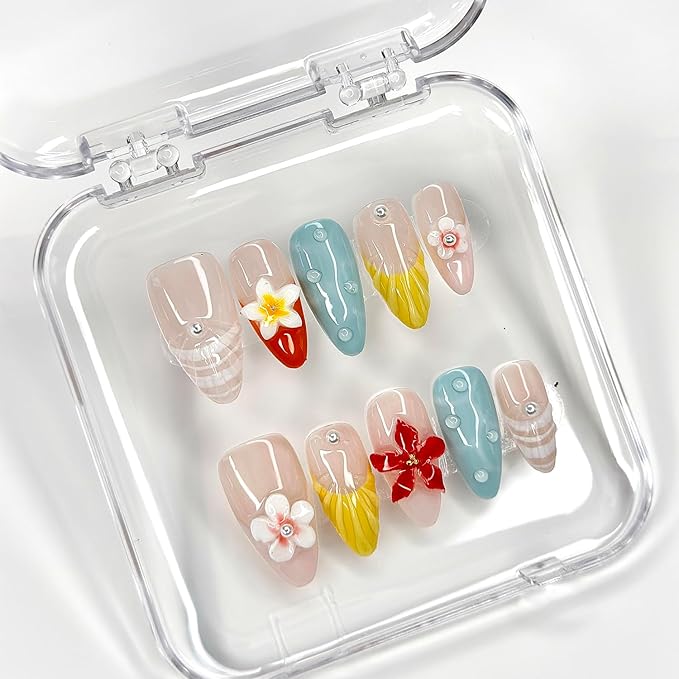 Luxury Press on Nails Medium Almond French Tip Handmade 3D Unique Reusable ABS Material Fake Nails Pastel False Nails with Designs Pearls Floral Art Petal Glossy Glue on Nails Thick Acrylic Nails(M)