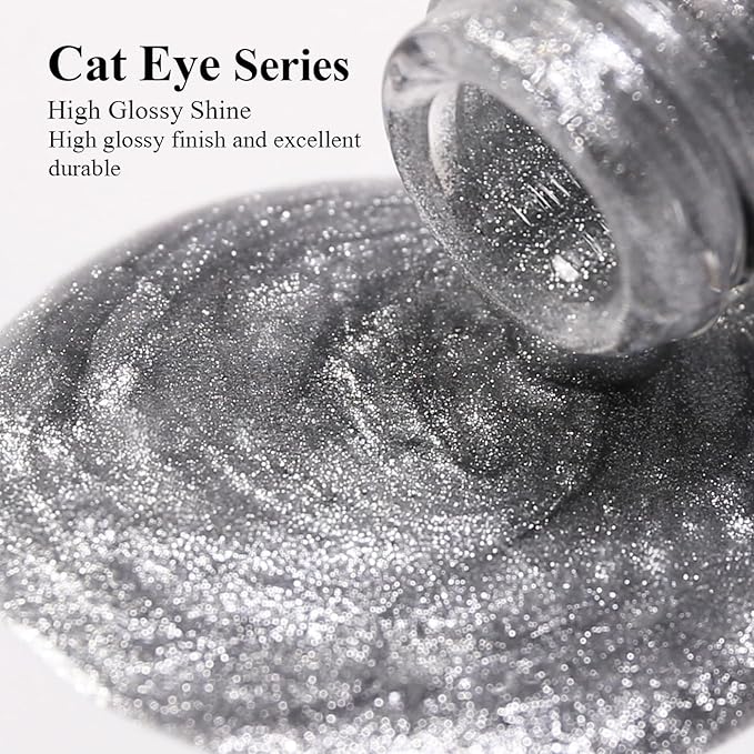 Imtiti Silver Cat Eye Gel Nail Polish, 15ML Silver Holographic Glitter Cat Eye Gel Polish with Magnet UV LED Magnetic Gel Nail Polish Clear Galaxy Sparkly Home DIY Manicure Nail Kit