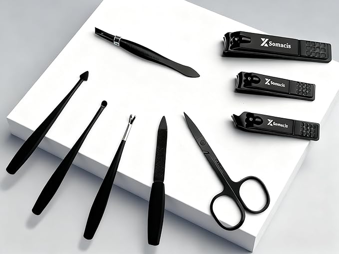 Manicure Pedicure Set, 9pcs Stainless Steel Nail Clippers Grooming Kit, Professional Complete Manicure Kit for Men, Mini Travel Nail Care Tools with Bag (Black)