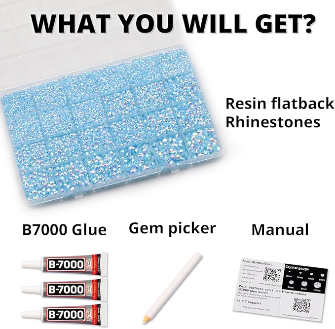 33000Pcs Light Blue Rhinestones for Bedazzling, Bedazzler Kit with Flatback Craft Rhinestones Bulk and B7000 Glue, 2,3,4,5,6mm Resin Flat Back Crystals for Craftings, Crafts, Clothes, Shoes, Nails