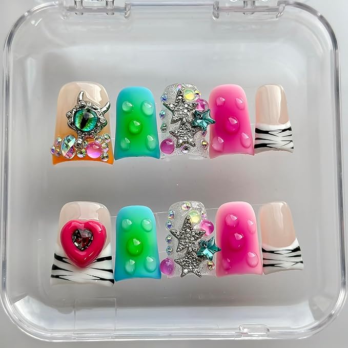 Luxury Press on Nails Short Duck Handmade 3D Unique Reusable ABS Material Fake Nails French Tip Y2k False Nails with Designs Stars Heart Rhinestones Gradient Glossy Glue on Nail Thick Acrylic Nail(M)