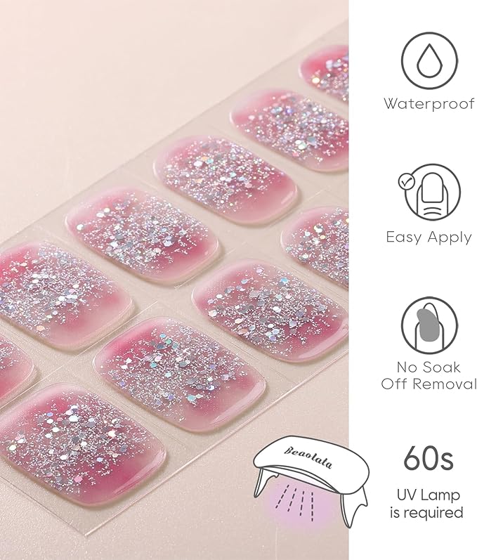 Semi Cured Gel Nail Strips - UV Light Gel Nail Stickers - 20 Long Lasting Salon Quality Wraps (Silver Pink Flower Glint)