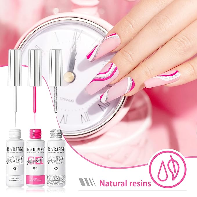 RARJSM Gel Liner Nail Art Polish Set of 6pcs Popular Color Black White Pink Rose Red Glitter Silver Gold Curing Requires Soak off 8ml Build in Thin Nail Sharp Brush for Home DIY Salon Nail Design
