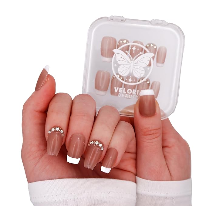 3D Handmade Press On Nails, Medium Square Oval Shaped w/Rhinestones & White Tips, Acrylic, Gel, Reusable Kit, For Women & Girls Daily Wear or Special Occasion (Chic French - L)