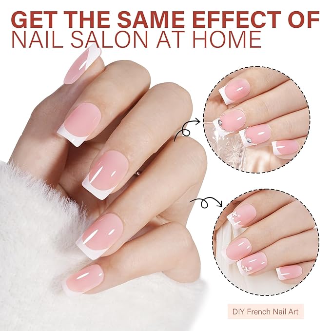 AILLSA Short Square Press On Nails, 192 Pcs Pink French Tip Press On Nails, French Gel Nail Tips, Pre-Applied Primer & Base Coat, No File Need DIY Manicure Fake Nails for Extension Gifts for Women