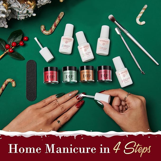 AZUREBEAUTY 31 PCS Dip Powder Nail Starter Kit Christmas Red Green Gold Grey Acrylic Dipping Powder 20 Colors Set with Recycle Tray Top/Base Coat Activator French Nail Art Manicure Salon