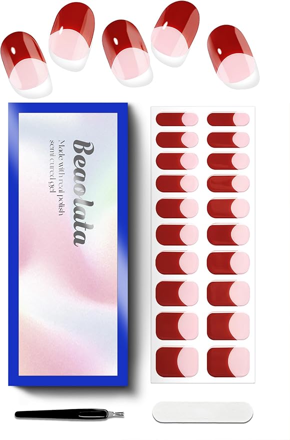 Semi Cured Gel Nail Strips - UV Light Gel Nail Stickers - 20 Long Lasting Salon Quality Wraps (Red Power Tip)