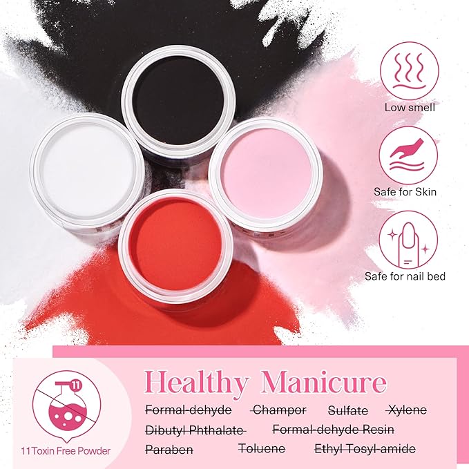 AZUREBEAUTY Dip Nails Powder Starter Kit, 4 Colors Pink Red Black Clear Valentine's Day Dipping Powder System Liquid Set Recycling Tray with Base & Top Coat Activator Manicure Kit for Gift.