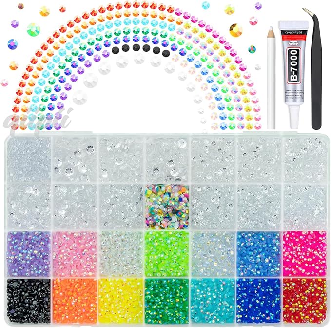 Transparent Clear Resin Rhinestones w B7000 Glue for Crafting Bedazzling 2mm-6mm Flatback Colorful Jelly Stones Diamonds Gems Bedazzler Kit for Nails Face Eyes Makeup Tumblers Bottles Crafts