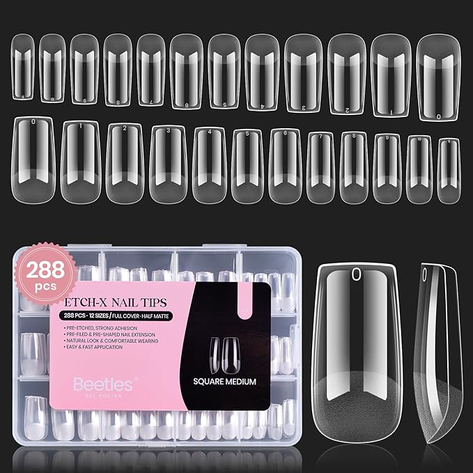 Beetles Gel Nail Tips Square Medium, 288Pcs 12 Sizes Pre-Etched Half Matte Soft Acrylic False Nail Tips Full Cover Easy DIY Fake Etch-X Press On Nail Extension Salon Gift for Women