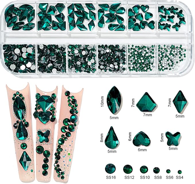 1650 Pcs Crystal Nail Rhinestone Kit Green Red Blue Color with Round Flat Back and Mixed Shapes Rhinestone Nail Art DIY Gem Bead for Girls Women