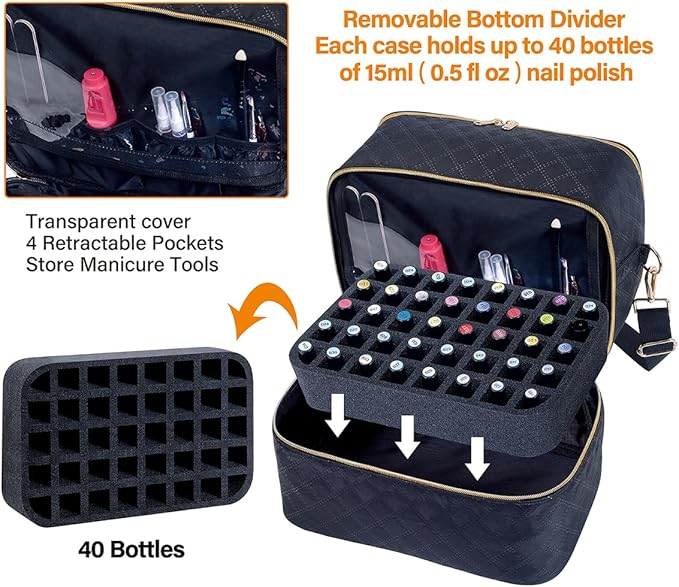 Nail Polish Organizer Case Holds 40 Bottles(15ml/0.5fl.oz) and Nail Lamp, Double Layer Nail Polish Storage with Adjustable Dividers,Portable Carrying Bag for Nail Kit, Manicure Tools Black