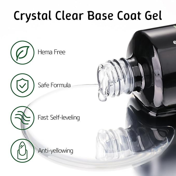 Base Coat Gel Polish for Nails, Clear Crystal Strengthen Apex Building Enhance Reinforce, Long Lasting 28+ Days, Safe Formula Protect Uneven Thin Damaged Weak Nail（U V Nail Lamp Needed）