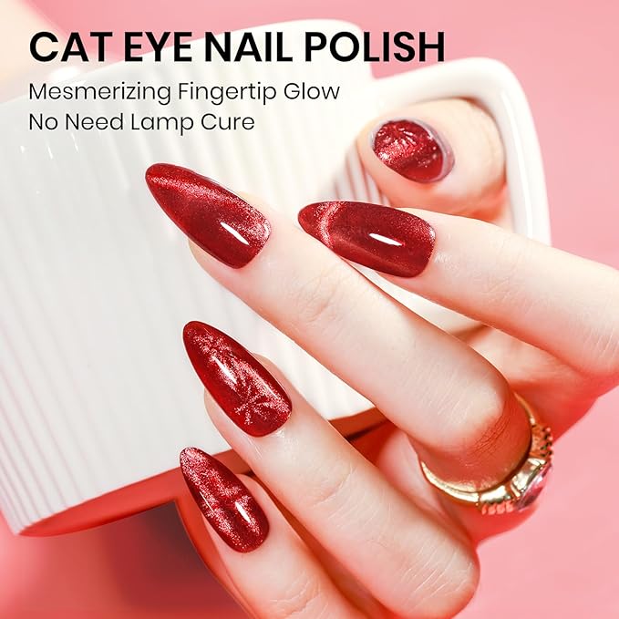 Burgundy Cat Eye Nail Polish Non Gel, Quick Dry Magnetic Nail Polish for Fingernail Air Drying Fast Lacquer, Chip Resistant, Vegan, Fast Drying, Long Lasting16ml/0.54fl oz