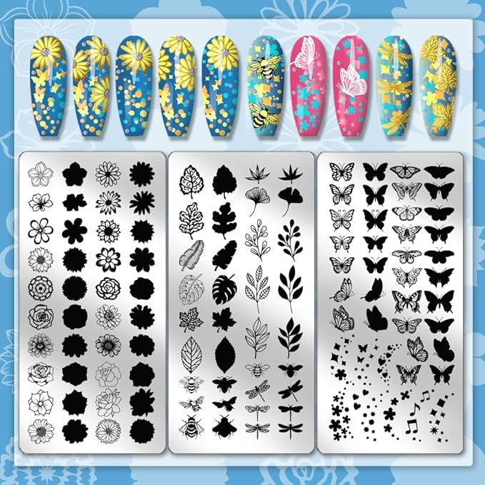 PH PandaHall 3pcs Insects Plants Nail Stamping Plates Flower Leaves Nail Art Templates Bees Nails Art Stencils Dragonfly Nails Stamper for Women Manicures Salon