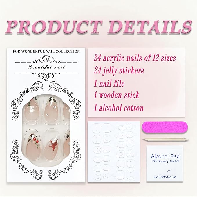 Almond Press on Nails Short Length MABKJLF French Tip Fake Nails False Nails with Stars Leopard Print Rhinestones Cute Cherry Designs Glossy Glue on Nails Stick on Nails for Women Girls 30Pcs