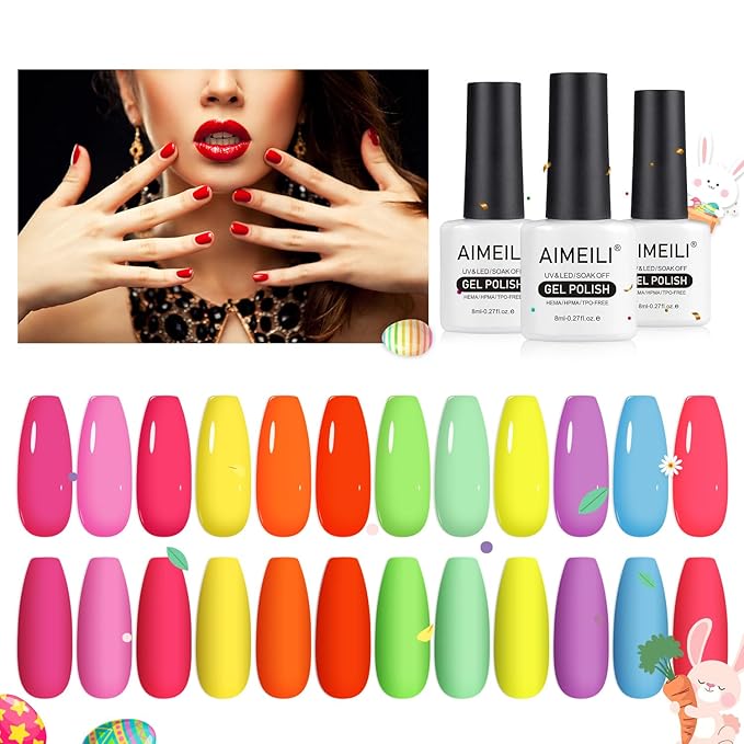 AIMEILI Hema Free Gel Nail Polish Set, Cruelty Free, Vegan, Neon Collection 12 Colors Hot Pink Blue Yellow Green Bright Spring Summer Gel Gift Kit Set 25