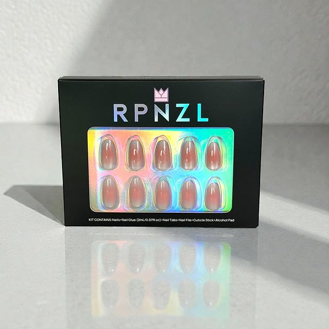 Press On Nails - Halo | White and Pink Cat Eye, UV Finish Medium Almond Nails, Salon Quality | 32 Nails, 16 Sizes Kit with Glue and Adhesive Tabs I Female Founded