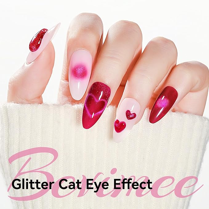 Cat Eye Gel Polish - Holographic Jelly Hot Pink Magnetic Nail Polish With Magnet, Red Color Translucent UV Gel Crystal Manicure Salon DIY for Valentine's Day at Home, 12ml