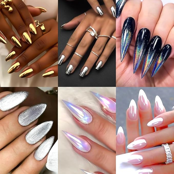 Chrome Nail Powder Kit, 6 Colors Chrome Powder with 3D Sculpting Gel for Nail Art Gold Silver Metallic Mirror Effect Pigment Holographic Glitter White Pearl Dust Kit for Manicure Decor