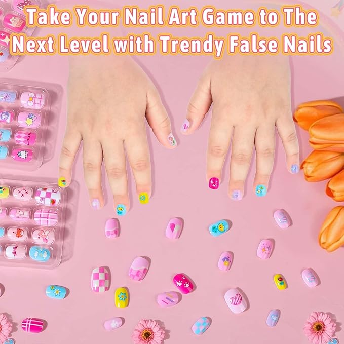 144 Pcs Kids Fake Nails Set, Thrilez 6 Pack Press on Nail Pre-glue Artificial False Acrylic Nails Set for Little Girl Children Toddlers