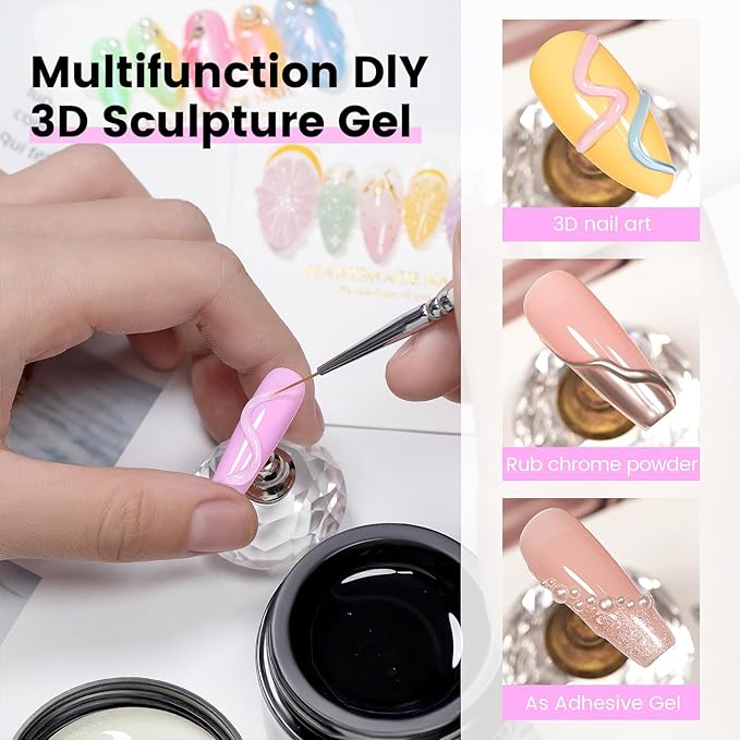 RARJSM 3D Sculpting Gel Clear Painting Gel Polish Nail Art Designs No Wipe Chrome Nail Powder Nails Charms Rhinestone Decoration Adhesive Glue Drawing Painted Sculpture Hard Gelpolish Curing Requires