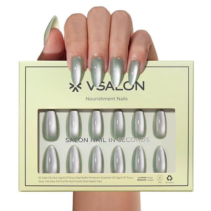 VSALON Press On Nails Medium Almond, Green Cat Eye Holographic Chrome Nails, Salon Quality Shimmer Fake Nails Kit - 32 PCS Stick on Nails in 16 Sizes with Glue & Cuticle Oil