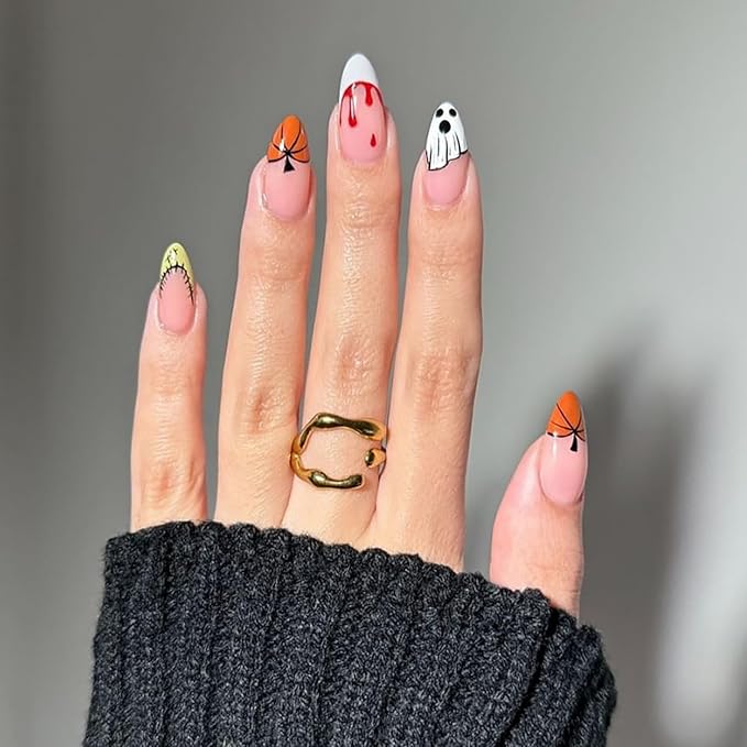 24 Pcs Halloween Press on Nails, French Almond Fake Nails, Glossy Acrylic False Nail with Ghost Pumpkin Blood Stain Designs, Stick on Nails for Women and Girls